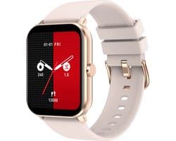 Belesy® KALMIA - Smartwatch Heren – Smartwatch Dames - Horloge – Stappenteller – Calorieën - Hartslag – Sporten - Je eigen foto als wijzerplaat - Kleurenscherm - Full Touch - Splitscreen– Goud – Silicone – Roze - Moederdag