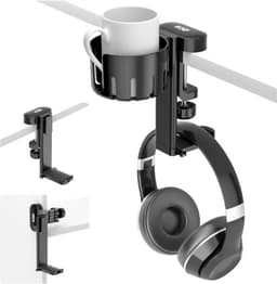 2-in-1 Hoofdtelefoonhanger Met Bureaubekerhouder - Draaibare Headsethouder Onder Bureau - Geschikt Voor Koffiemappen, Waterbekers, Hoofdtelefoon — thumbnail 1
