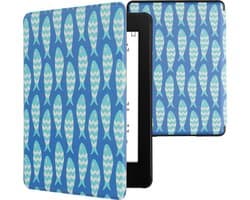 kwmobile e-reader hoesje geschikt voor Amazon Kindle Paperwhite 11. Generation 2021 hoes - E reader flip case met magnetische sluiting - Ereader cover - Visjespatroon design in blauw / lichtblauw / wit