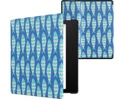 kwmobile e-reader hoesje geschikt voor Amazon Kindle Oasis 10. Generation hoes - E reader flip case met magnetische sluiting - Ereader cover - Visjespatroon design in blauw / lichtblauw / wit