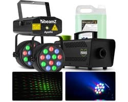 BeamZ lichtset met laser, PAR spots en 500W rookmachine met 5 liter rookvloeistof