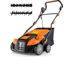 COSTWAY Elektrische verticuteermachine en gazonventilator, 41 cm, 15 A 2-in-1 verticuteermachine met 3 standen hoogteverstelling en 5 niveaus werkdiepte, inklapbare GEH-gazonventilator met 55 l