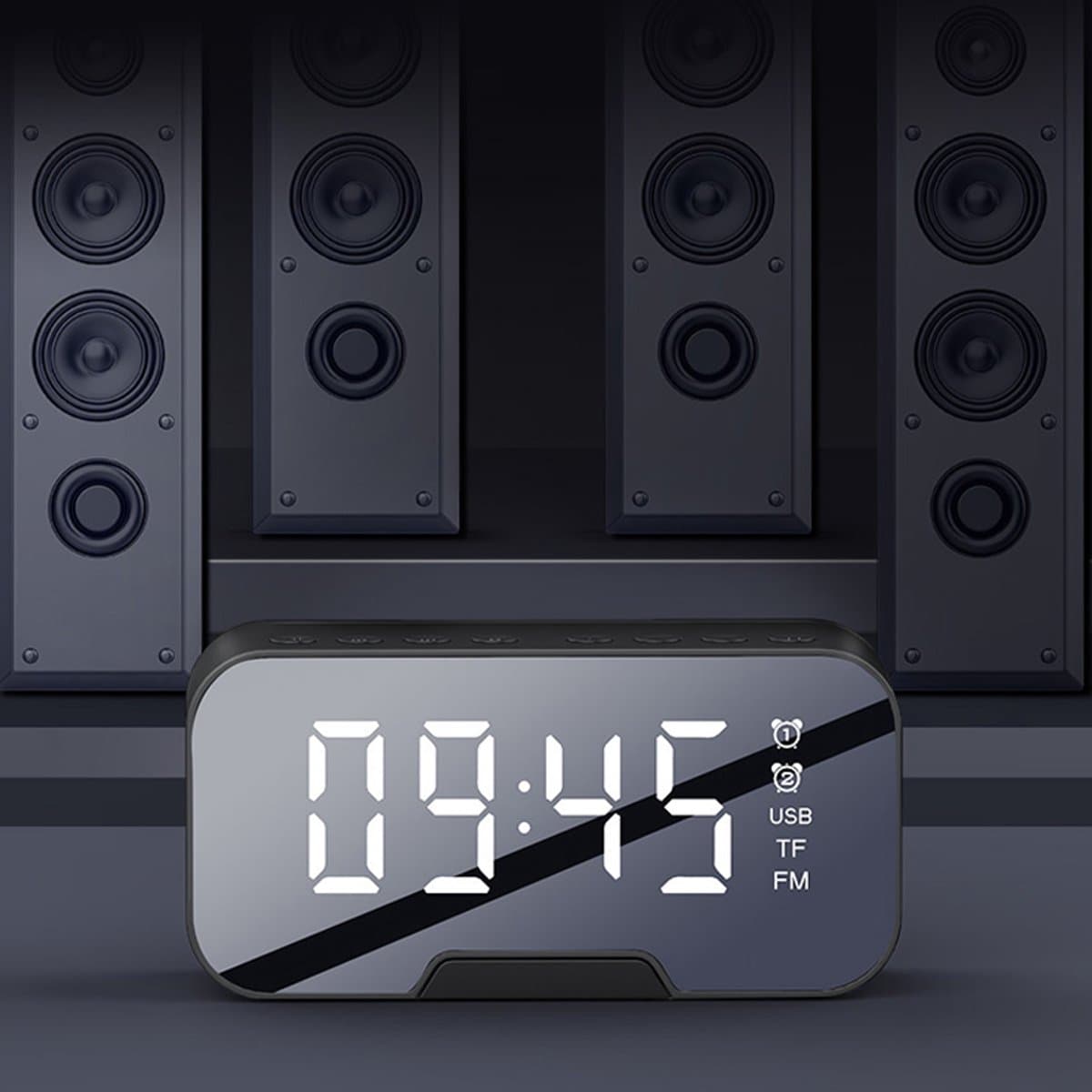 Digitale wekker met bluetooth speaker, radio, spiegel en TF ingang. zwart — afbeelding 1