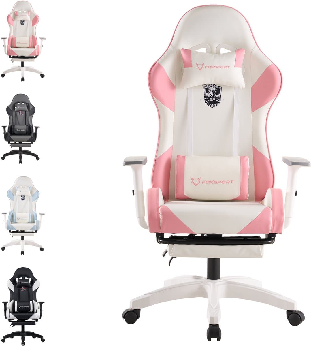 FOXSPORT Gamestoel - Gaming Chair - Ergonomisch - Verstelbaar - Met lendensteun en hoofdsteun - Met voetsteun - Bureaustoel - Racing -Wit/Roze — afbeelding 1