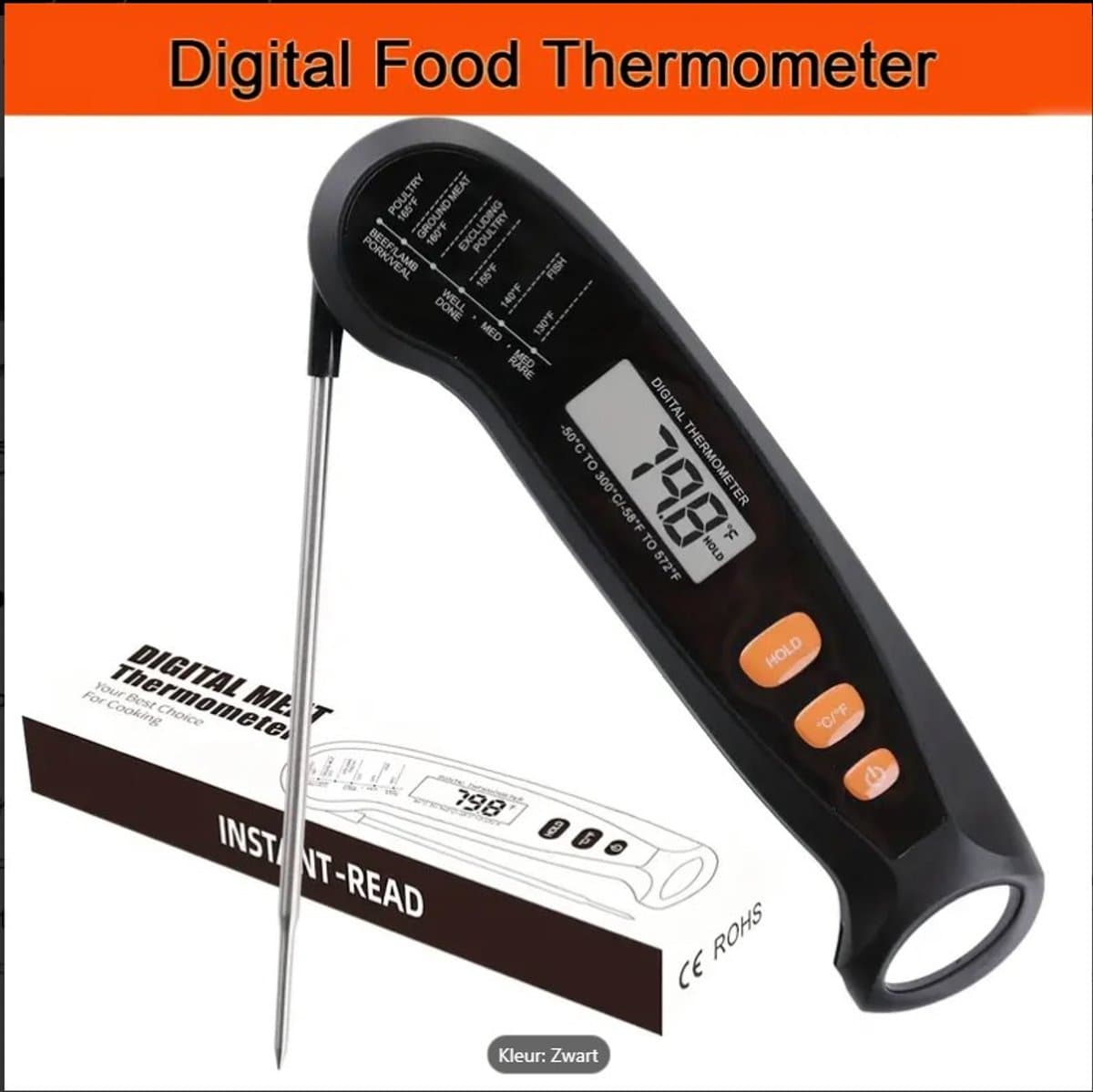 Vleesthermometer Zwart - Digitale Vleesthermometer- Voedselthermometer Voor Koken, Bakken, Vloeistoffen, Snoep, Grillen, BBQ, Airfryer, Keukenaccessoires — afbeelding 1