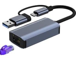 2-IN-1 USB 3.0 + USB-C naar Ethernet Adapter - Koppelstuk - 10/100/1000 MBps - Netwerk RJ45 Internet Adapter - Geschikt voor o.a. Macbook, Laptop en Telefoon - Grijs - Provium