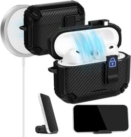 Schokbestendige Hoes voor AirPods Pro 3 met Telefoonstandaard en Magnetische Achterkant, Zwart, Veilig en Duurzaam — thumbnail 1