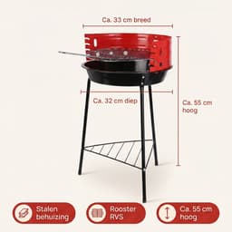 Cheqo® Houtskoolbarbecue - Houtskool Barbecue - Ronde Barbecue - Staande Barbecue - Houtskoolgrill - Tuinbarbecue - Compacte Barbecue voor Balkon en Camping - Barbecue met Verstelbaar Rooster - Houtskool BBQ - Zwart en Rood — thumbnail 2