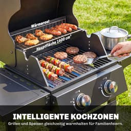 Gasbarbecue - Gasbarbecue en grill - 2 Branders - 5,4 kW - Grillwagen - met Grillrooster, Wielen, Inklapbaar Bijzettafels, Drukregelaar, Slangen, Thermometer en Warmhoudplaten - 95 x 53 x 111.5 cm - Zwart — thumbnail 5