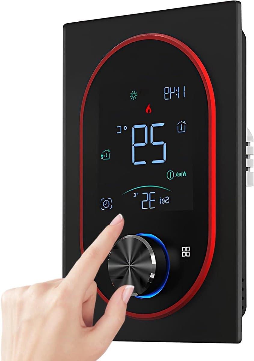Intelligente thermostaat voor de thermostaat AC thuis met digitaal touchscreen VA en verstelbare knop 5 + 1 + 1 handleiding voor wekelijkse programmering, automatische vakantietijd (zwart) — afbeelding 1