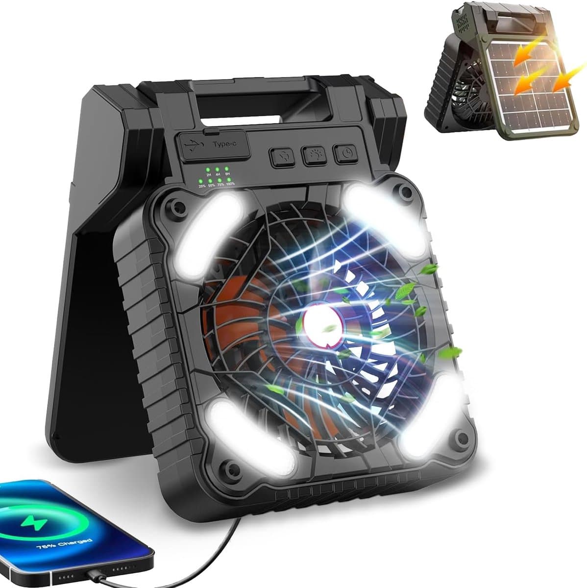 Draagbare Zonneventilator Met Lamp, 5200mAh Oplaadbaar, Opvouwbaar, Geschikt voor Buiten, Reizen & Vissen — afbeelding 1