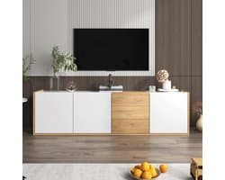Tv-kast met opbergruimte - Tv-meubel dressoir - Woonkamer organiseren - Staand of wandmontage - 1715 cm breed - Wit en houtkleur