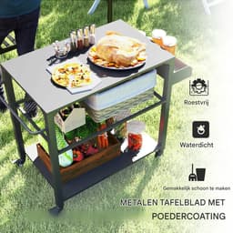 Buitenkeuken op Wielen – BBQ Trolley – Met Opbergkast & Planken – Werktafel voor Buiten – Hout & Metaal – Multifunctioneel – Zwart — thumbnail 3