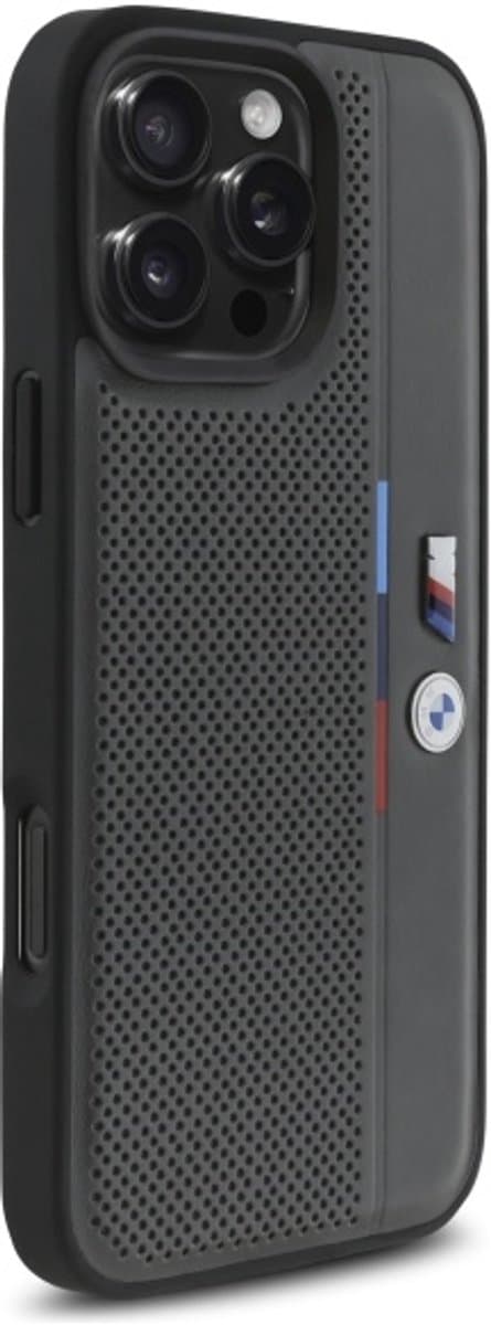 BMW M Perforated Tricolor Detail Line - iPhone 16 Pro Max Hoes - Luxe - Antraciet — afbeelding 1