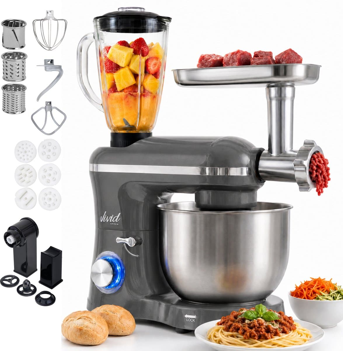 Vivid Green 2000W Keukenrobot - 6.2L - Alles-in-een Keukenmixer - Mixer met Mengkom - Keukenmachine - Gehaktmolen en Blender- Pastamachine – Grijs — afbeelding 1