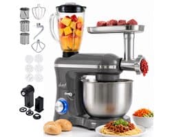 Vivid Green 2000W Keukenrobot - 6.2L - Alles-in-een Keukenmixer - Mixer met Mengkom - Keukenmachine - Gehaktmolen en Blender- Pastamachine – Grijs