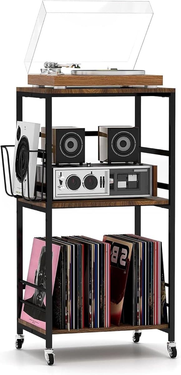 Platenspeler Stand - Platenspeler Meubel - 3 Etages - Verrijdbare Kast met Wielen - Vinyl Opbergsysteem voor LP's - Houten Platenkast - LP Record Holder - Tafel voor Draaitafel - Bijzettafel voor Woonkamer, Slaapkamer & Kantoor — afbeelding 1