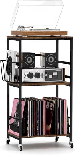 Platenspeler Stand - Platenspeler Meubel - 3 Etages - Verrijdbare Kast met Wielen - Vinyl Opbergsysteem voor LP's - Houten Platenkast - LP Record Holder - Tafel voor Draaitafel - Bijzettafel voor Woonkamer, Slaapkamer & Kantoor — thumbnail 1