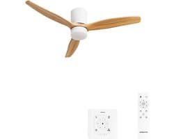 CREATE - Stille plafondventilator 40W Ø132cm 100% hout met aanpasbare gipsen behuizing - Met licht - Controller voor wandmontage + afstandsbediening - WIND CALM CONCRETE