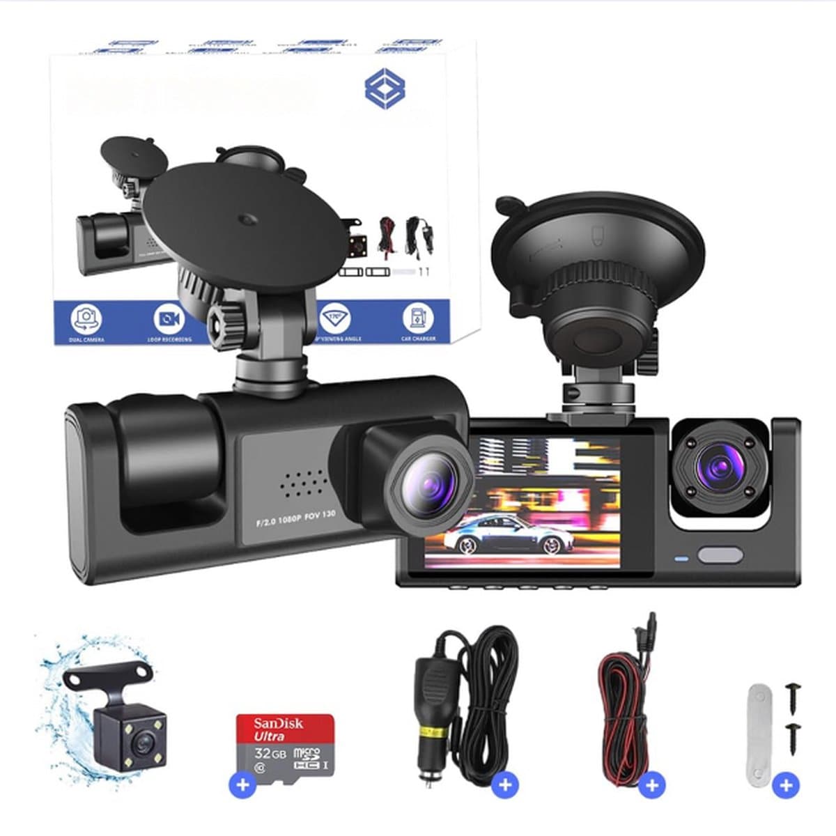 Dashcam Voor Auto Voor En Achter - Dual Dashcam Met Drie Camera’s - Auto Camera Dashcam 24-uurs Parkeerbewaking — afbeelding 1