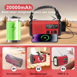 NovaWare NoodRadio Solar Opwindbaar - FM/AM - Powerbank Zonneenergie met 20.000mAh - Survival Noodpakket - Draagbare Radio op batterijen – Rood — thumbnail 5