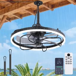 Plafondventilator met lamp - Ventilatorlamp - Buitenruimte Verkoeling - Waterdicht IP44 - 48x48x15 cm - Zwart — thumbnail 2