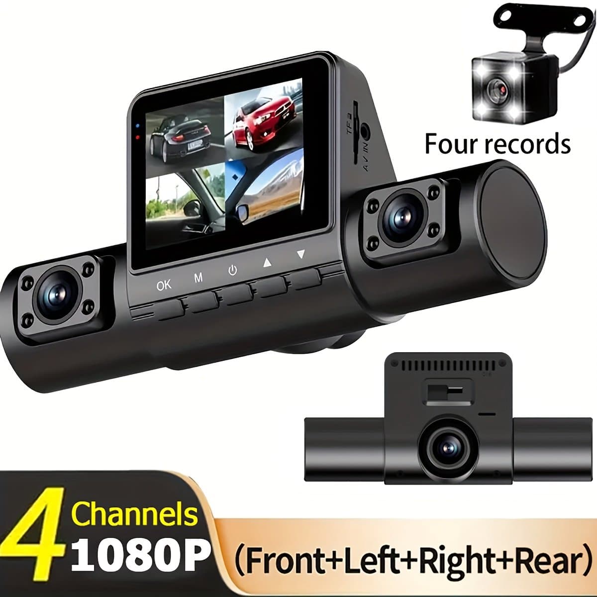 Deze nieuwe high-definition dashcam beschikt over vier lenzen, een 5,08 cm display, nachtzicht en gelijktijdige opname van voor, achter, links en rechts. Hij wordt ook geleverd met een geheugenkaart van 32 GB. — afbeelding 1