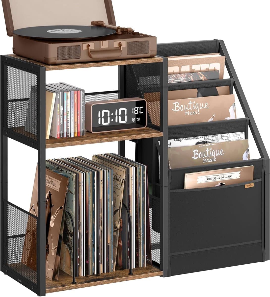Homesy LP Speler Meubel - Platenspeler meubel - Platenspelerkast - LP Kast - Vinylkast - LP opbergkast - 30×81×69 cm-Platenspeler Standaard met Platenopslag – 3 Etages – Voor ca. 140 LP’s – Bijzettafel & Vinylrek – Industrieel Design — afbeelding 1