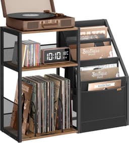 Homesy LP Speler Meubel - Platenspeler meubel - Platenspelerkast - LP Kast - Vinylkast - LP opbergkast - 30×81×69 cm-Platenspeler Standaard met Platenopslag – 3 Etages – Voor ca. 140 LP’s – Bijzettafel & Vinylrek – Industrieel Design — thumbnail 1