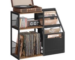 Homesy LP Speler Meubel - Platenspeler meubel - Platenspelerkast - LP Kast - Vinylkast - LP opbergkast - 30×81×69 cm-Platenspeler Standaard met Platenopslag – 3 Etages – Voor ca. 140 LP’s – Bijzettafel & Vinylrek – Industrieel Design