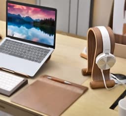 longziming -Koptelefoonstandaard - Koptelefoonhouder - Houten Bureauaccessoire - Kabelbeheer - Antislipbasis - Noten- en berkenhout - Handgemaakt retroontwerp - 1 stuk — thumbnail 5