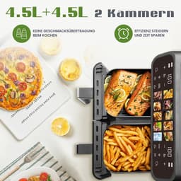 Lunekiss Dual Airfryer 9L 2x4,5L – Dubbele Mand – 2000W – LED Touchscreen – 10 Programma’s – 80-200°C – met Kijkvenster — thumbnail 3