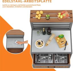 Tuinkast met Werkblad - Buitenkast Grilltafel - Buiten Koken - Roestvrijstalen Werkblad - 100kg Draaglast - Natuurlijk Hout — thumbnail 5