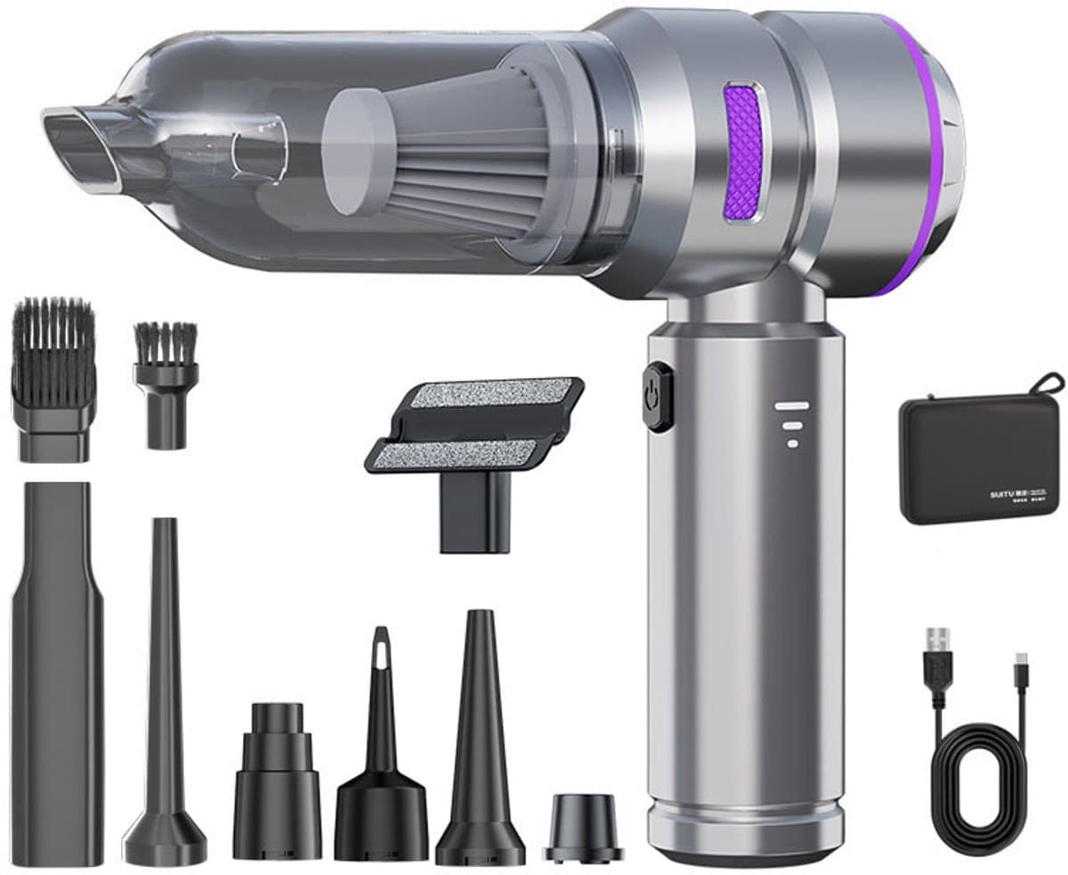 Sander Shop Mini Auto Stofzuiger,16000PA 4-in-1 snoerloze handheld stofzuiger met Brushless Motor Built-in 6000mAh batterij Type C Air Duster & Air Blower & pomp voor auto, kantoor-Zilver-paars — afbeelding 1