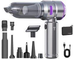 Sander Shop Mini Auto Stofzuiger,16000PA 4-in-1 snoerloze handheld stofzuiger met Brushless Motor Built-in 6000mAh batterij Type C Air Duster & Air Blower & pomp voor auto, kantoor-Zilver-paars