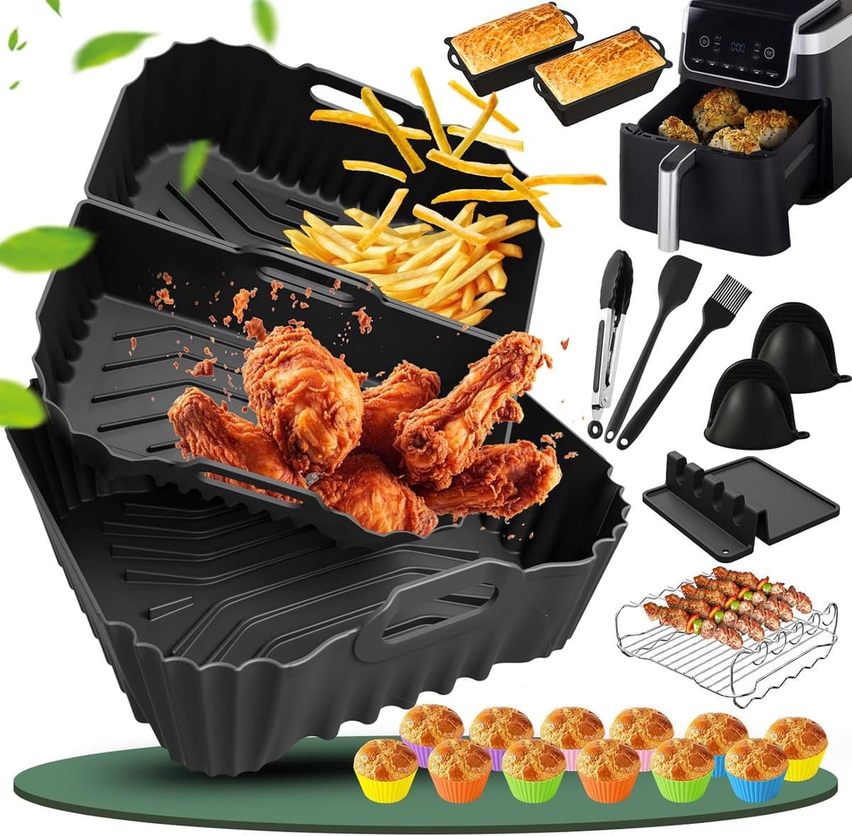 Airfryer Siliconen vorm voor Ninja-accessoires, heteluchtfriteuse, bakvormen, grillrooster, taartvorm, broodroosteraccessoires, keukentang, enz., compatibel met Dual Basket AF180EUCP serie 6,2 l — afbeelding 1