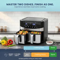 Heteluchtfriteuse Dubbele Mand - Luchtfriteuse Airfryer - Gezinsmaaltijden Bereiden - Dubbele Kamer Technologie - 8 Liter Capaciteit - Zwart Zilver — thumbnail 2