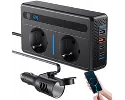 Omvormer - Spanningsomvormer - 300W 12V Naar 220V Auto Omvormer - Met 7 Poorten & Volt Display - Voor Laptop, Telefoon & Tablet - Veilig & Compact in Gebruik