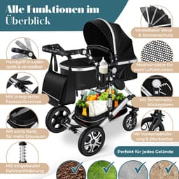 KESSER® Kinderwagen 3 in 1 Loops Wandelwagen Set incl. Autostoel & Reiswieg & Buggy Sportzitje - Massieve Rubberbanden - Luiertas / Regenhoes - Zwart / Zilver — thumbnail 2