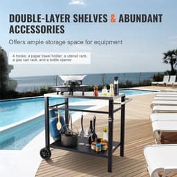 BBQ Werktafel – Barbecue Tafel – Grilltafel – Buitenkeuken Trolley – Werkbank Buiten – Roestvrijstalen Blad – Dubbele Plank – 85x55 cm – Verrijdbaar Met 2 Wielen — thumbnail 2