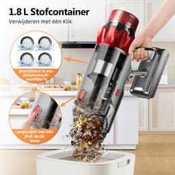 Elekiatech Steelstofzuiger - Steelstofzuiger Draadloos - Met 2 Accu’s - 70000Pa - 3 Standen Zuigkracht - LED-Display - 2200 mAh Accu - 20–70 Min Werktijd - 1,8L - Met Meubelborstel - Voor Tapijt, Harde Vloeren en Dierenharen - Rood — thumbnail 4