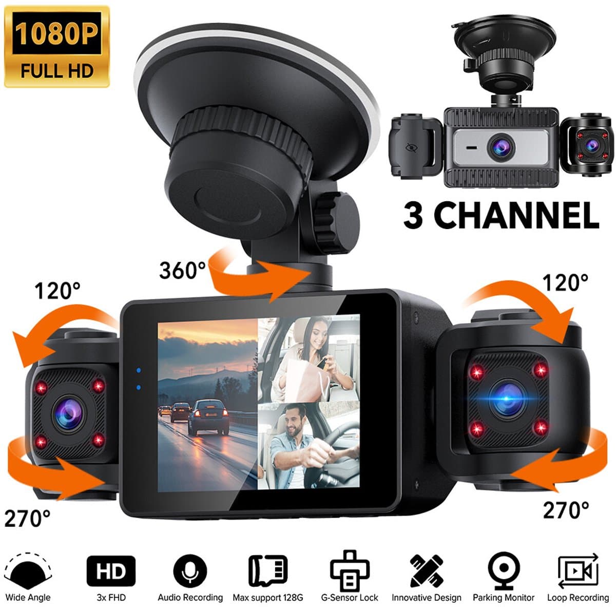 Auto Dashcam - Uitgerust met 3 lenzen - Full HD 1080P - Groot dynamisch bereik en nachtzicht - 270° drie kanalen - Loop-opname — afbeelding 1