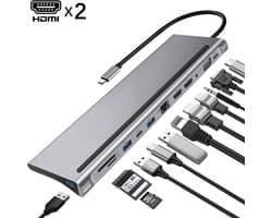 12-in-1 USB-C Hub Adapter - USB C Docking Station met Dual HDMI - USB 3.0 Hub - 3,5mm Jack - 1000MB LAN, SD & Micro SD Kaart Slot - 2 x HDMI - 100W Power Delivery en VGA-poort - Spacegrey