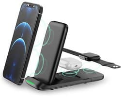 KOJY 3 in 1 Draadloze Oplader - Inklapbaar - 15W Snellader - Oplaadstation - Zwart