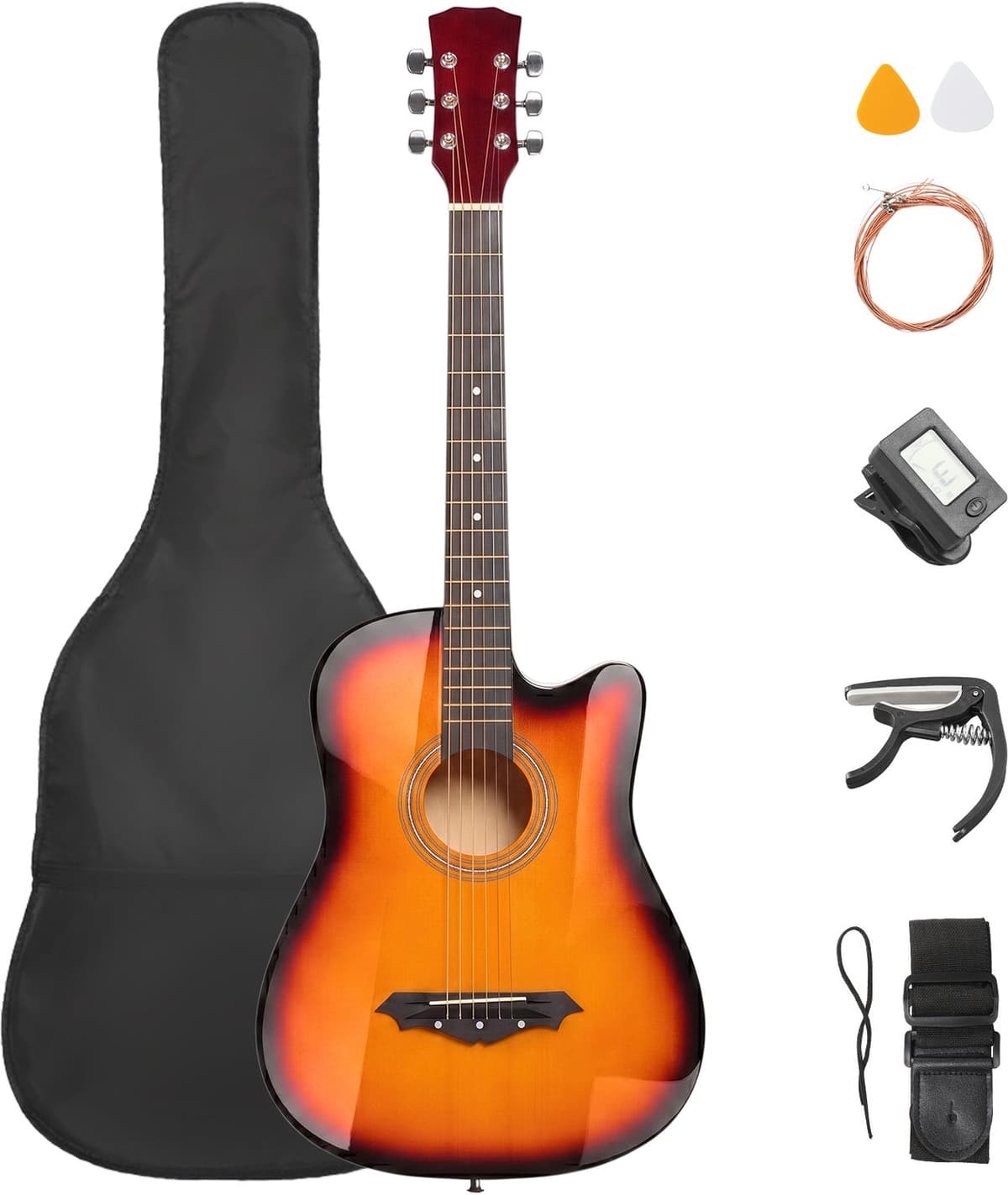 Akoestische gitaar 38 inch complete set hoes stemapparaat capodastre hardhout beginner — afbeelding 1