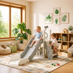 Glijbaan Voor 1-3 Jaar, Binnen- & Buitenglijbaan Jaar, Vrijstaande Glijbaan met Opbergruimte & Speeltelescopen, Tuinglijbaan, Kinderspeelplaats, Grijs-Wit, Module 1PCS — thumbnail 1
