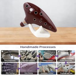 Ocarina, Keramische ocarina, 12-gaats ocarina, Inclusief handleiding voor de eerste stappen, displaystandaard, beschermhoes en ophangtouw, muziekinstrument, magisch, instrument, 12 gaten, bruin — thumbnail 3