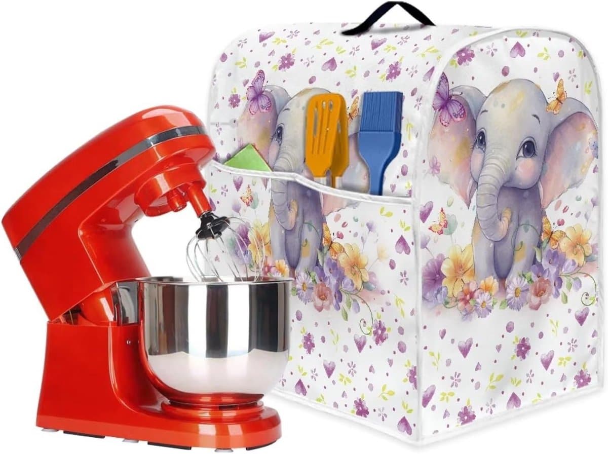 Stand Mixer Cover - Keukenmachinehoes Beschermhoes - Keuken Organiseren - Met Opbergvak - 37 cm Hoog - Cartoon Olifant Bloemen — afbeelding 1