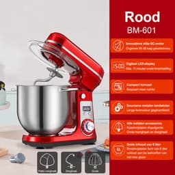 Keukenmachine 6L - 1200W - Staande Mixer - RVS Mengkom - 6 Snelheden + Pulse - LED Display - Inclusief Garde, Deeghaak & Platte Menghaak - Rood — thumbnail 4