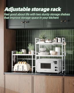 SnelShoppen - Uitbreidbaar Magnetron Rek, 3 Niveaus, Magnetron Stand voor Werkblad, Keuken Organizer, Magnetron Rek met 8 Haakjes, Wit — thumbnail 3